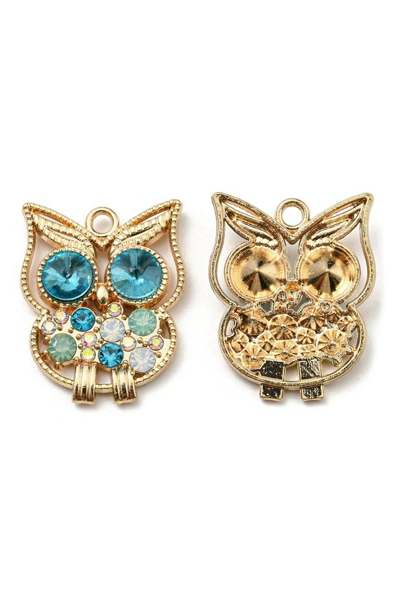 Golden Plated Alloy Pendants Owl Charms with Rhinestone Cadmium Free & Nickel Free & Lead Free Blue Zircon 25x20x5mm Hole: 2.2mm