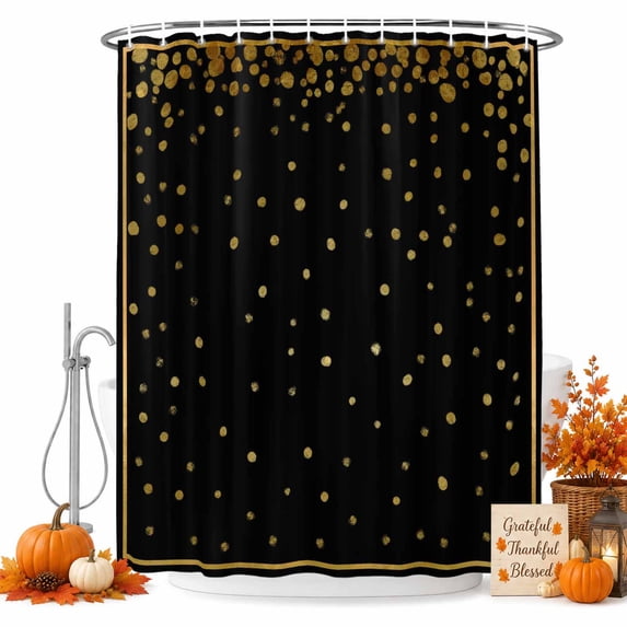 Golden Polka Dot Shower Curtain, Waterproof Shower Curtains for Bathroom, Classic Black Watercolor Polka Dots Washable Fabric Bathtub Curtain Set Bath Decor with 12 Hooks 72"x78"