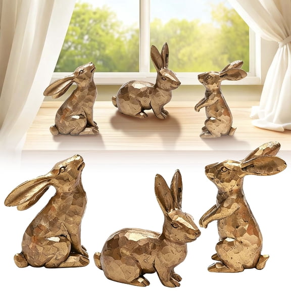 Golden Polyresin Bunny Decor Rabbit Figurines, Easter Bunny Statue Set of 3 for Spring Tabletop Decor