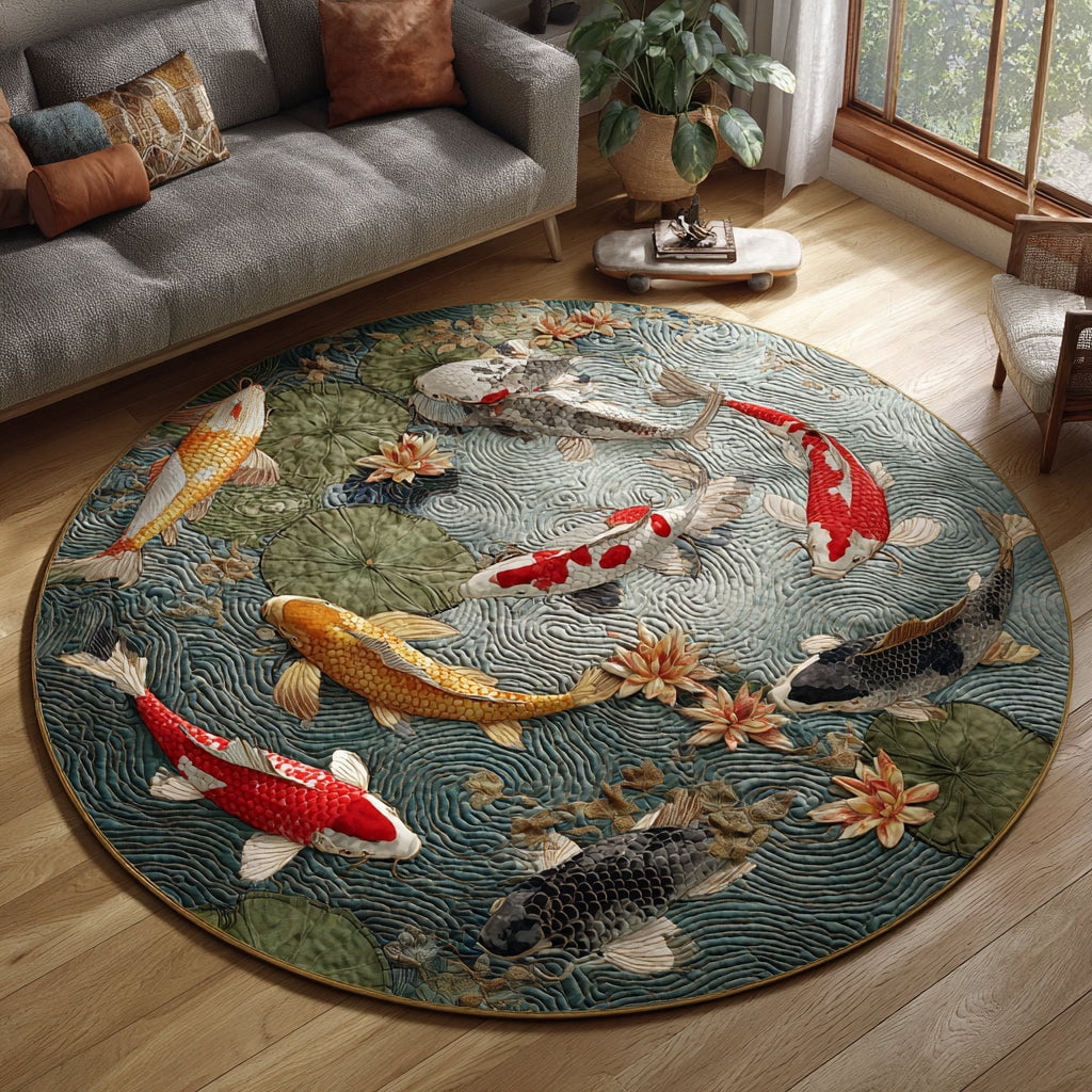Golden Pond Koi Quilted Round Mat, Golden Koi Fish Round Floor Mat ...