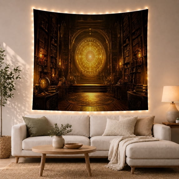 Golden Portal in a Dark Ancient Vaulted Library, Mystical Fantasy for Book Lovers, Arcane Knowledge Decor, Halloween Gift, Tapestry Wall Hanging for Study Room and Den