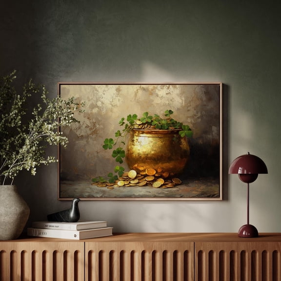 Golden Pot of Gold and Shamrocks Poster Wall Art – St. Patrick’s Day Hangable Wall Art for Irish-Themed Home Decor 8x12 UNFRAMED
