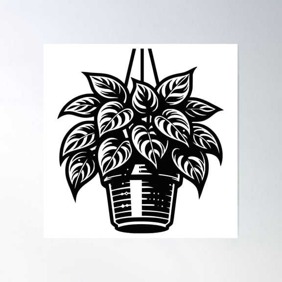 Golden Pothos Hanging Black And White Stencil Style Poster Wall Art, Modern Wall Decor For Living Room Bedroom, 16x16 UNFRAMED