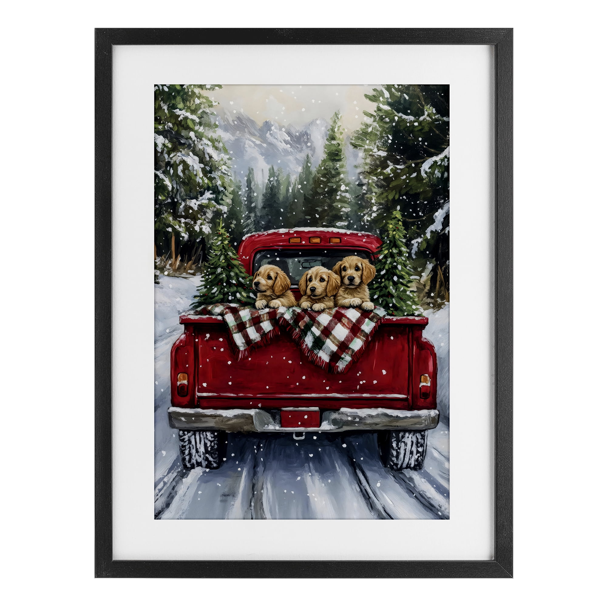 Golden Pups Christmas Truck Black Framed Print Under Glass, design by Petal Prints Design