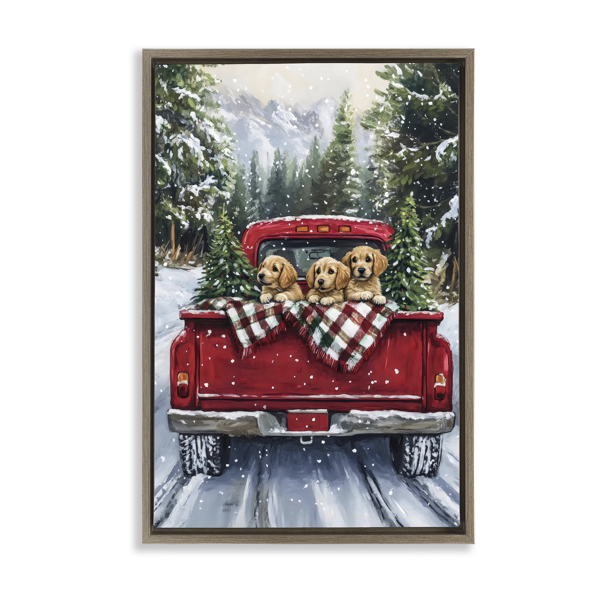 Golden Pups Christmas Truck Brown Framed Floater Canvas Wall Art, design by Petal Prints Design