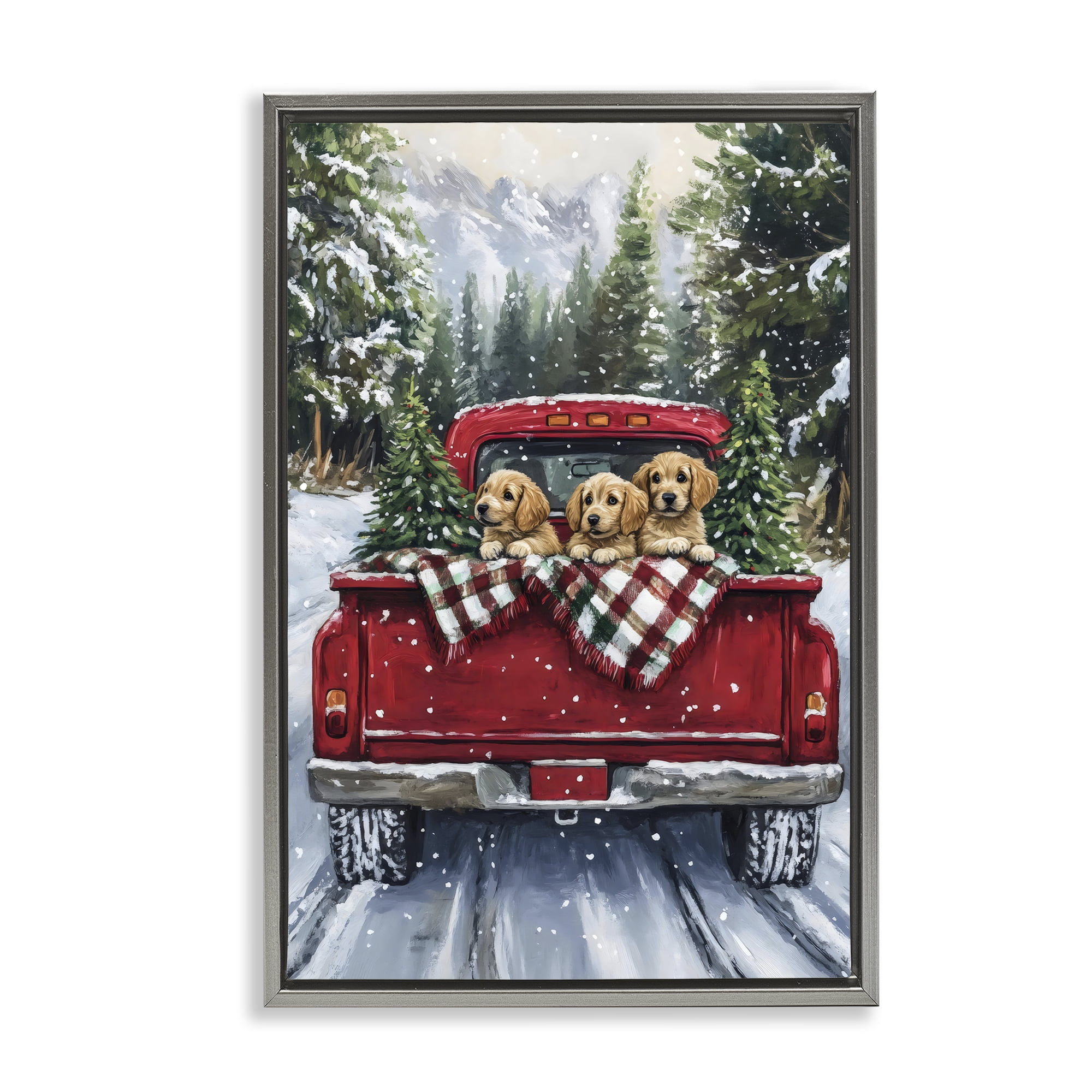 Golden Pups Christmas Truck Gray Framed Floater Canvas Wall Art, design by Petal Prints Design