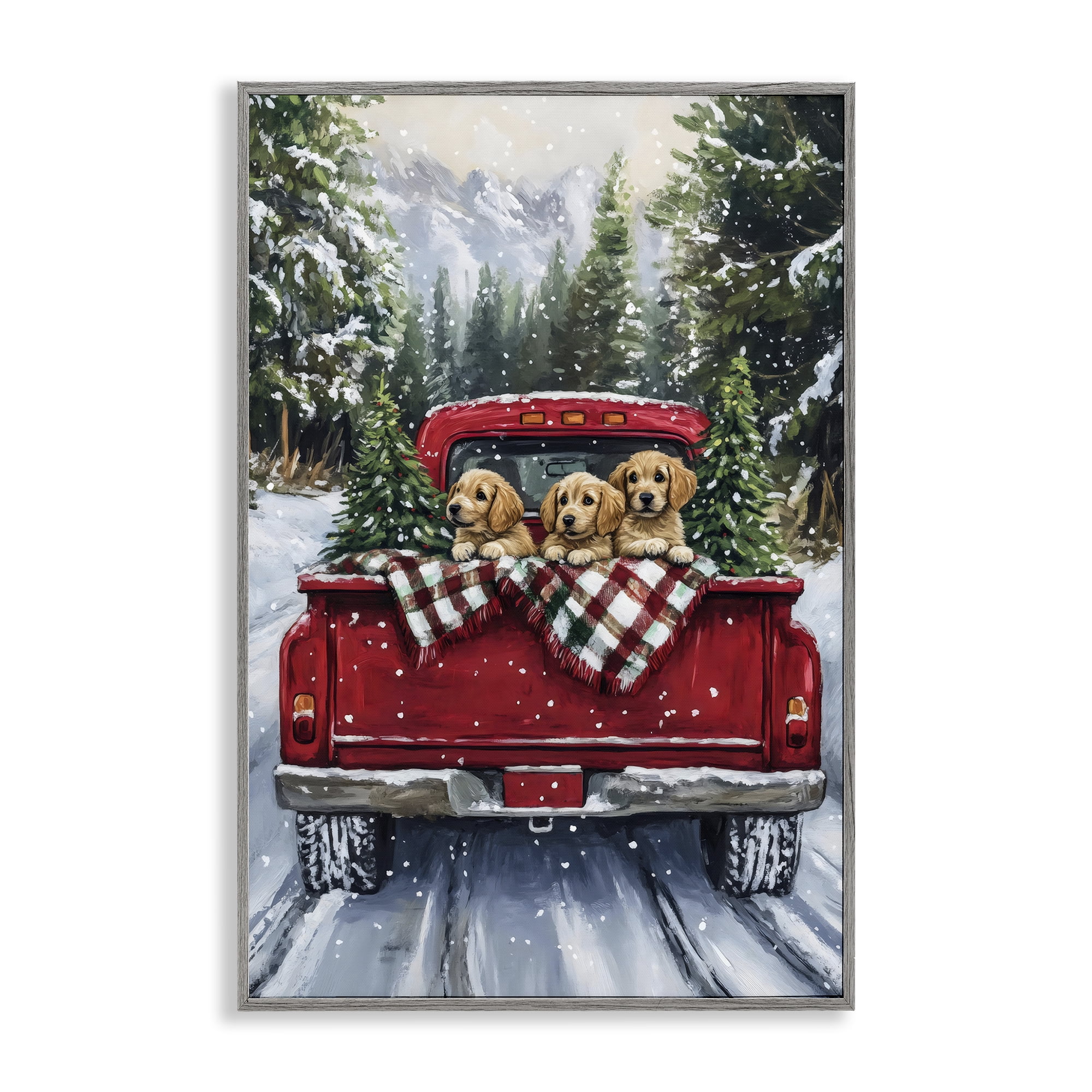 Golden Pups Christmas Truck Gray Framed Giclee Art, design by Petal Prints Design