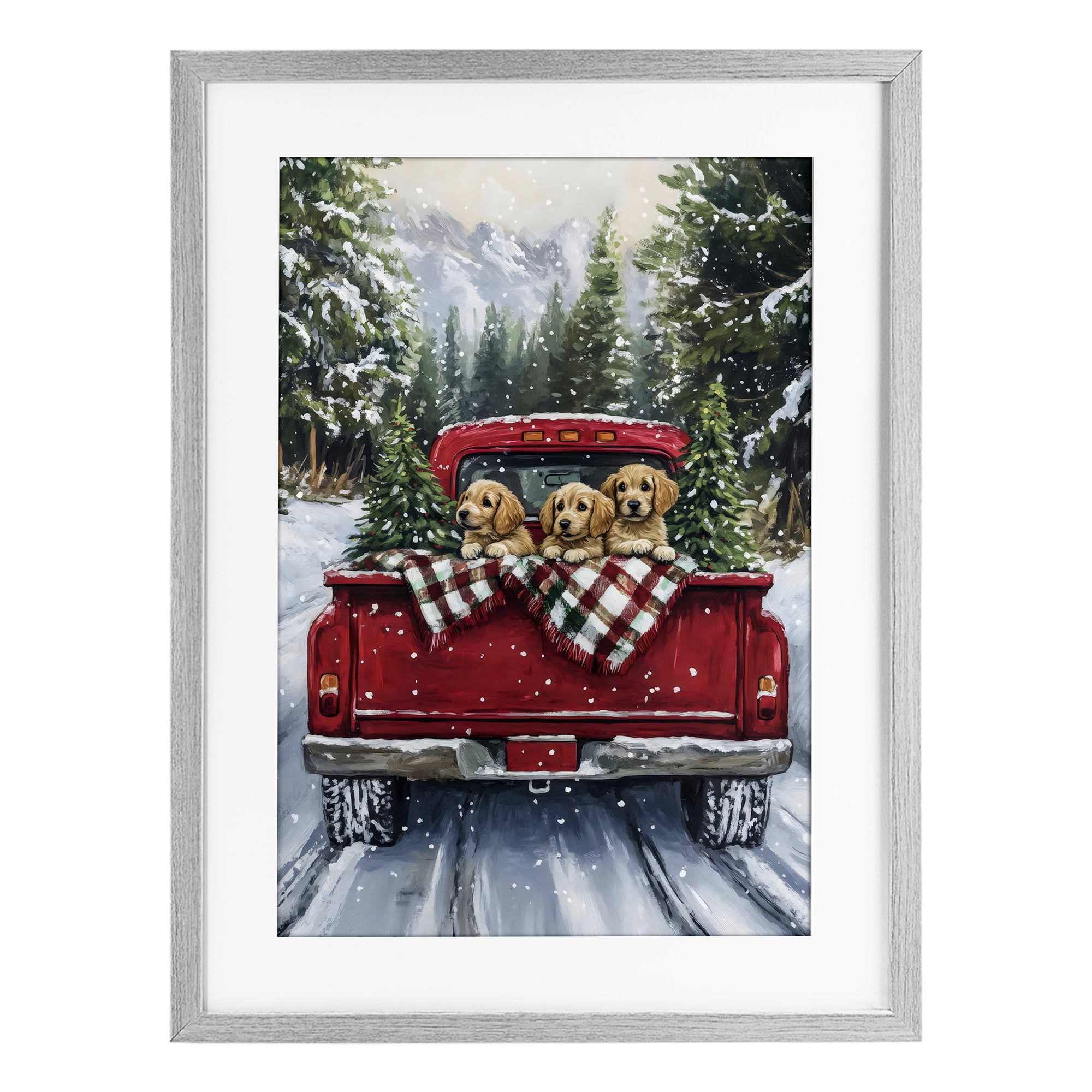 Golden Pups Christmas Truck Gray Framed Print Under Glass, design by Petal Prints Design