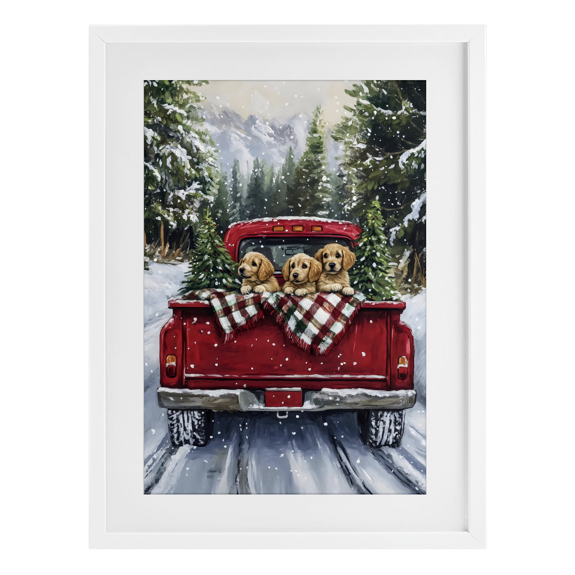 Golden Pups Christmas Truck White Framed Print Under Glass, design by Petal Prints Design