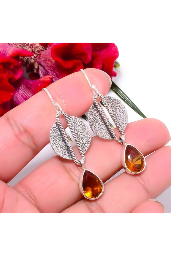 Golden Quartz Oxidised Designer Handmade 925 Sterling Silver Earring 1.95" Sku8, Golden Earring, Simulated Gemstone Earring