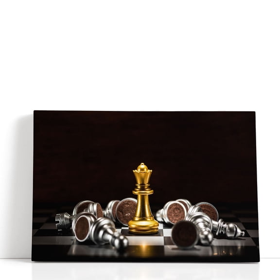 Golden Queen and Fallen Silver Chess Pieces - Wrapped Canvas Print Wall Art | 60" W x 40" H