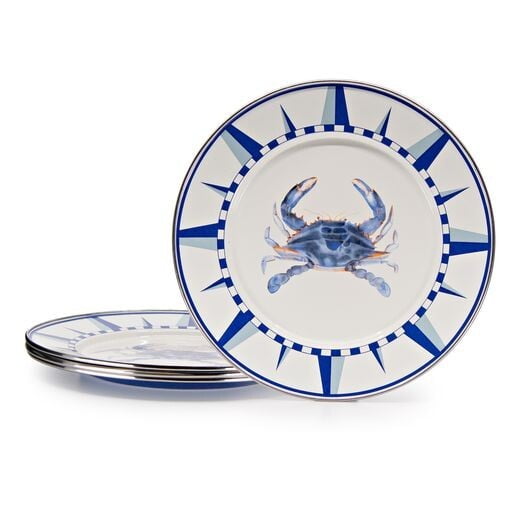Golden Rabbit Blue Crab Pattern 10.75" Enamelware Dinner Plate, Set of 4