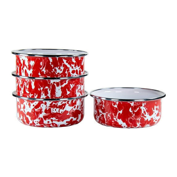 Golden Rabbit Enamelware Red Swirl Pattern - Set of 4 - 14 oz Soup Bowls - Golden Rabbit Enamelware