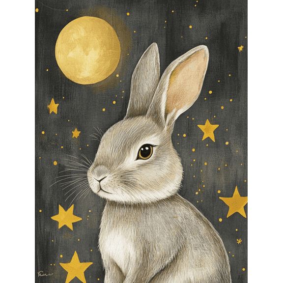 Qisvanset Golden Rabbit Moon Canvas Art Print, 40x30cm for Home Apartment Decor