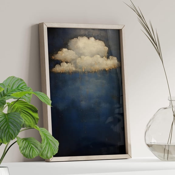 Golden Rain Cloud Wall Art, Moody Indigo Sky Minimal Decor, Stretched Canvas Size 8x12
