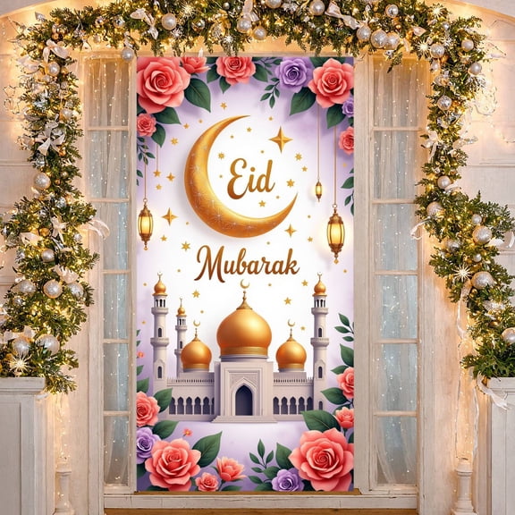 Golden Ramadan Banner Crescent Moon Islamic Display Lantern Shiny Mubarak Backdrop for Ramadan Celebration Islamic Festival Religious Gathering