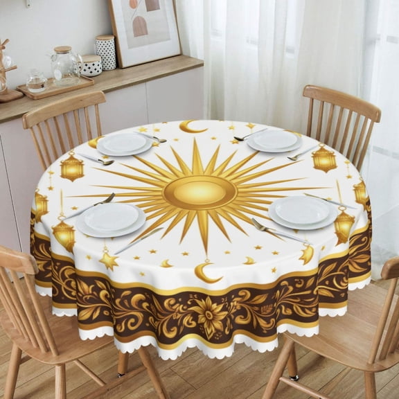 Golden Ramadan Celestial Ring Round Tablecloth Waterproof Oil Proof Spill Proof Table Cloth 70" for Camping, Dining, Indoor and Outdoor Table Cover