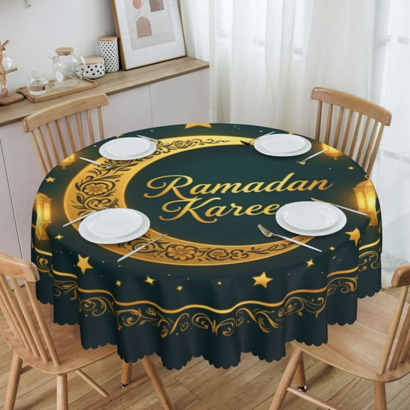 Golden Ramadan Crescent Frame Round Tablecloth Waterproof Oil Proof Spill Proof Table Cloth 70" for Camping, Dining, Indoor and Outdoor Table Cover
