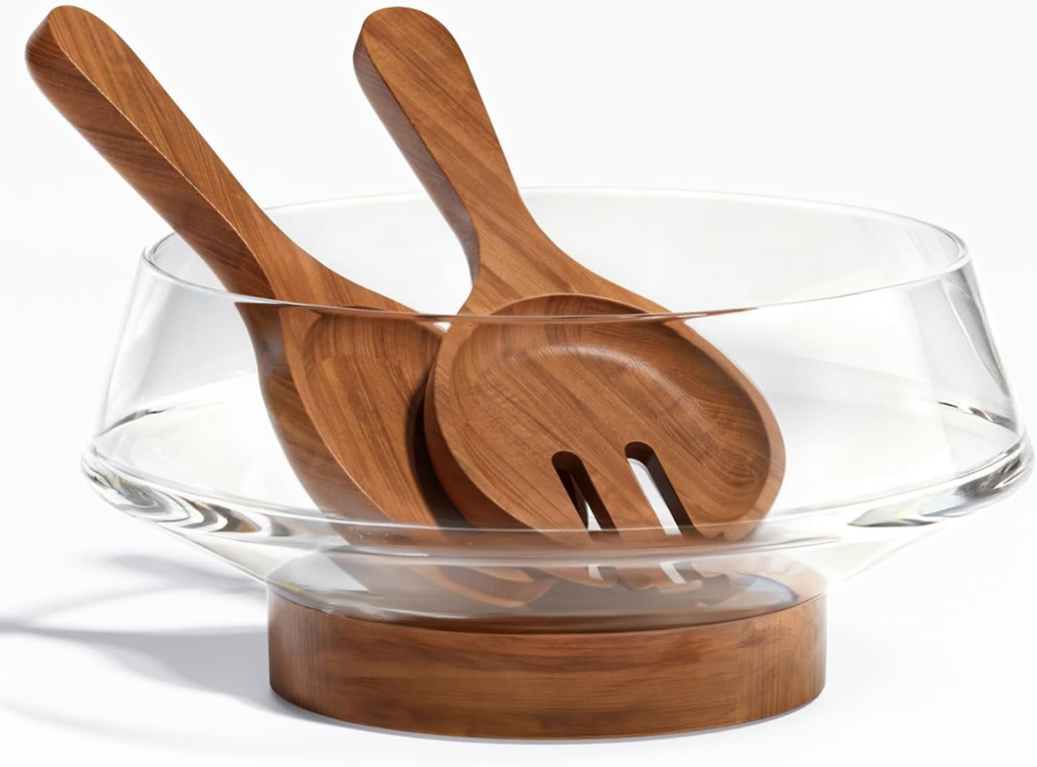 ® Golden Ratio Large Crystal Glass Salad Bowl Set - Hosting Essentials Salad Serving Bowl with Acacia Wooden Serving Utensils and Base - Dinner Party Must Haves for All Occasions