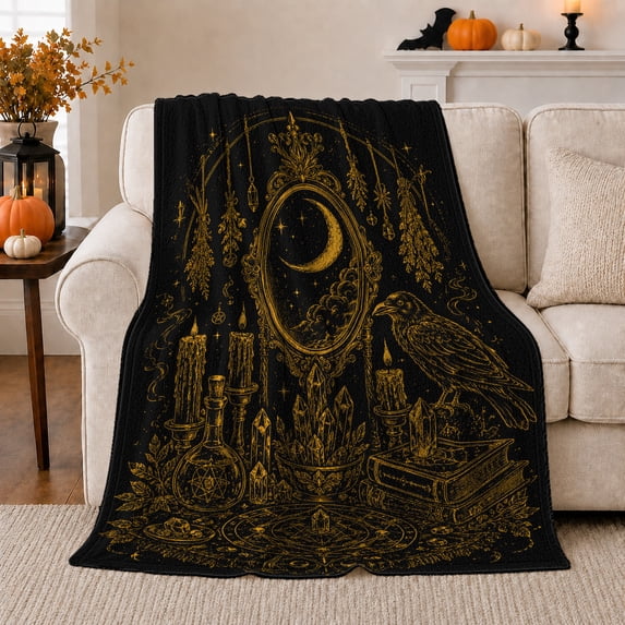 Raven Beside Ornate Moon Mirror With Books And Crystals for Raven Art Collectors, Mysterious Golden Gothic Etching Home Decor for Study and Bedroom, Halloween Gift and Cozy Flannel Blanket