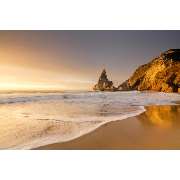 Art.com Golden Reflections of the Cliffs on Praia Da Ursa Beach Bathed by Ocean at Sunset, Cabo Da Roca Photographic Print by Roberto Moiola, 36" x 24"