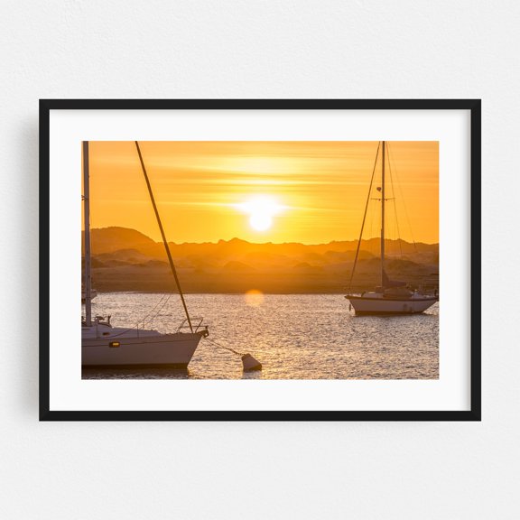 Golden Reflections at Morro Bay - Morro Bay California Photography Sunset Sailboat Seascape Boat Nautical Ocean Harbor Black Framed Wall Art Print 5 x 7 inches