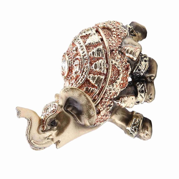 Golden Resin Elephant Statue Figurine with Raised Trunk Ornate Carved Pattern Desktop Ornament for Home Office Shelf Table Decor Gift