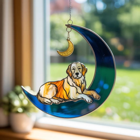 Golden Retriever Acrylic Suncatcher Moon Dog Window Decor, Pet Memorial Hanging, Celestial Animal Ornament, Dog Lover Gift