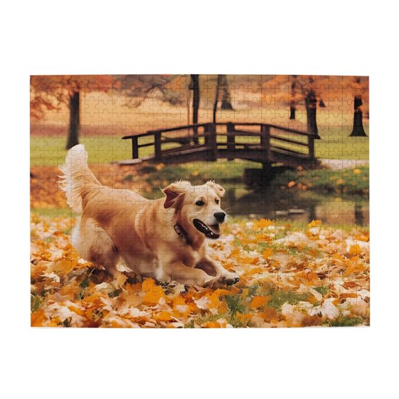 Golden Retriever Autumn Leaves Bridge 500-Piece Wooden Jigsaw Puzzle for Adults, Fun & Challenging Family Brain-Teaser, Perfect Home Decor & Gift
