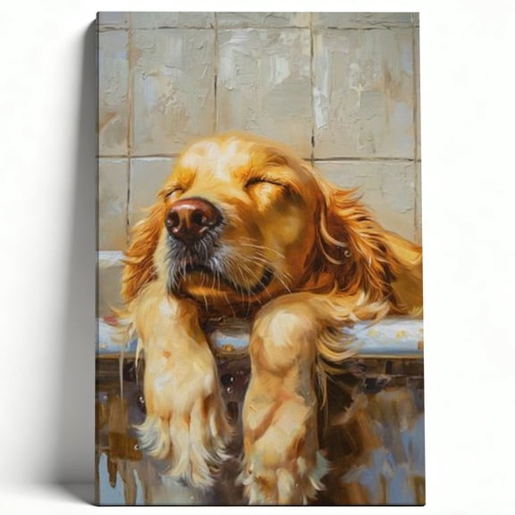 Golden Retriever Bath Time Framed Canvas Wall Art - Cute Dog Relaxing In Tub Print, Whimsical Pet Bathroom Decor, Funny Animal Art For Home, Laundry Room, Bedroom 8*12inch(20*30cm)
