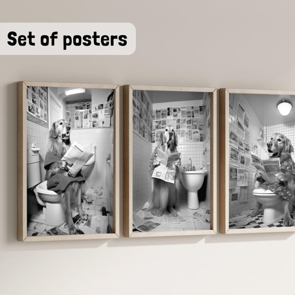 Golden Retriever Bathroom Art Poster Set Dog Posters Wc Wall Decor, Stretched Canvas