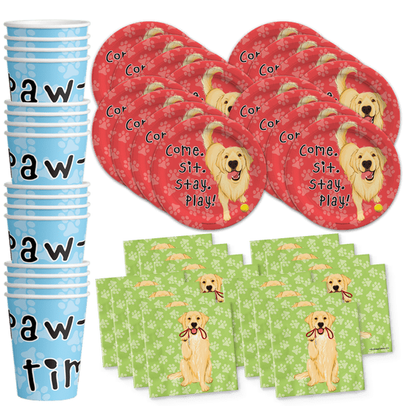 Golden Retriever Birthday Party Supplies - Pawprint Paper Plates - Dog Party Tableware Set Includes Plates Napkins Cups - Kit for 16