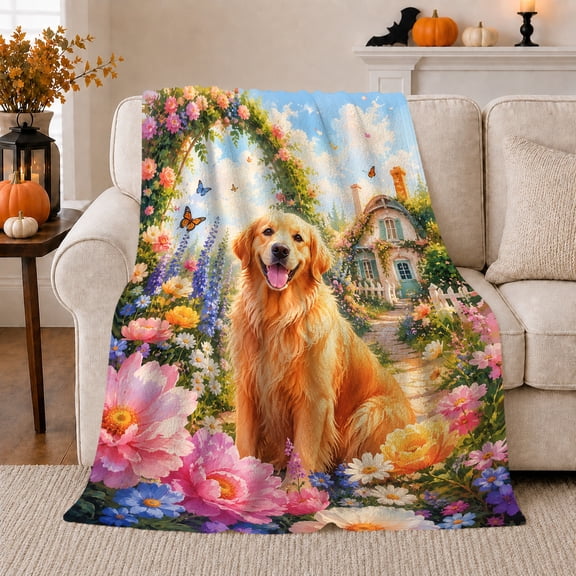 Golden Retriever in Blooming Garden, Cheerful Cottage Style for Dog Lovers, Flower Path Puppy Motif and Birthday Gift, Cozy Flannel Blanket for Living Room and Bedroom, Home Decor