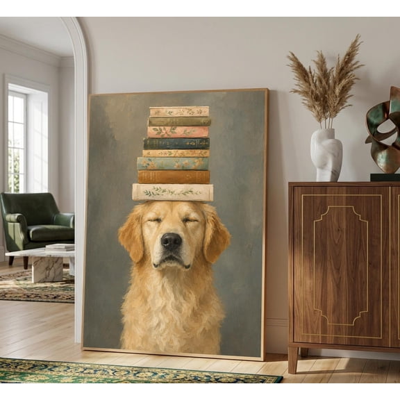 Golden Retriever Books Wall Art Dog Library Print Whimsical Dog Vintage Book Lover Gift Reading Room Decor Cozy Animal Art
