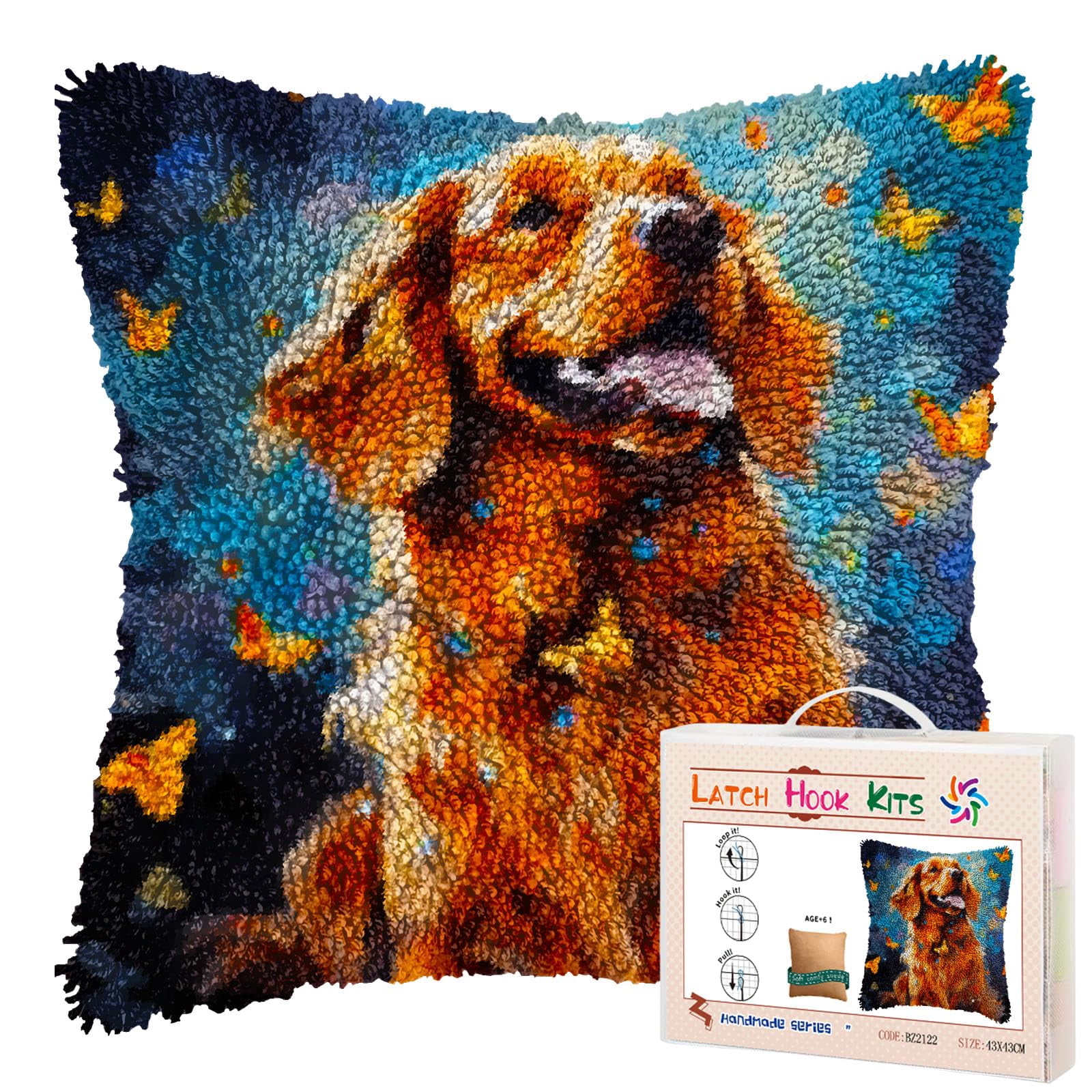 Golden Retriever and Butterflies DIY Latch Hook Pillow Kits for Adults Printed Pillowcase Crochet Yarns Hooking Handmade Pillow Cover Cushion for Home Sofa Decoration 17x17inch