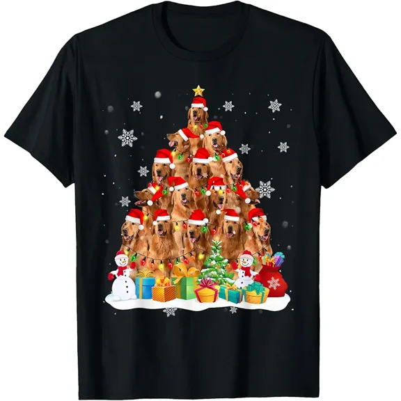 Golden Retriever Christmas Holiday Lights Tree Cute Dog Xmas 2025 Graphic Unisex T-Shirt, up to size 5XL