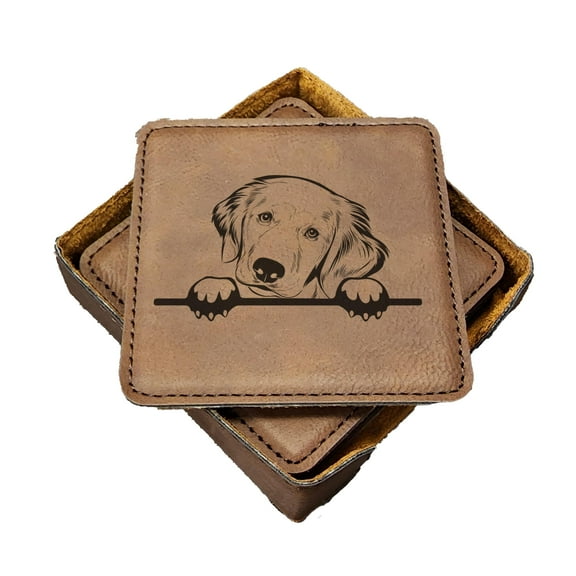 Golden Retriever Coasters with Holder - Handmade Coasters Set of 6 - Engraved Barware Decorations - Leather Bar Decor - Man Cave Father's Day Present