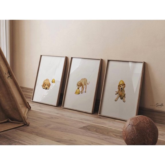 Golden Retriever Construction Nursery Wall Art, Puppy Prints with Yellow Hard Hats Safety Vests, Builder Theme, Baby Room Gift, Poster Only