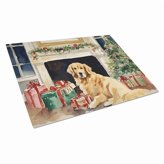 Golden Retriever Cozy Christmas Glass Cutting Board Large 12 in x 15 in