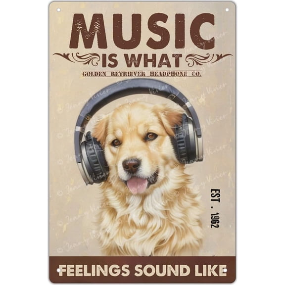 Golden Retriever Decor, Music is What Feelings Sound Like Metal Tin Sign, Dog Signs For Home Decor, Metal Dog Art for Party Home Artist Studio Coffee Bar Man Cave Garage 5.5x8 Inch