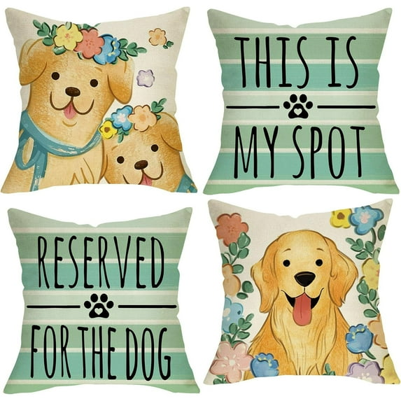 Golden Retriever Decorative Throw Pillow Covers 18 x 18 Set of 4, This is My Spot Paw Prints Porch Outdoor Home Decor, Green Stripes Flower Spring Summer Couch Cushion Case