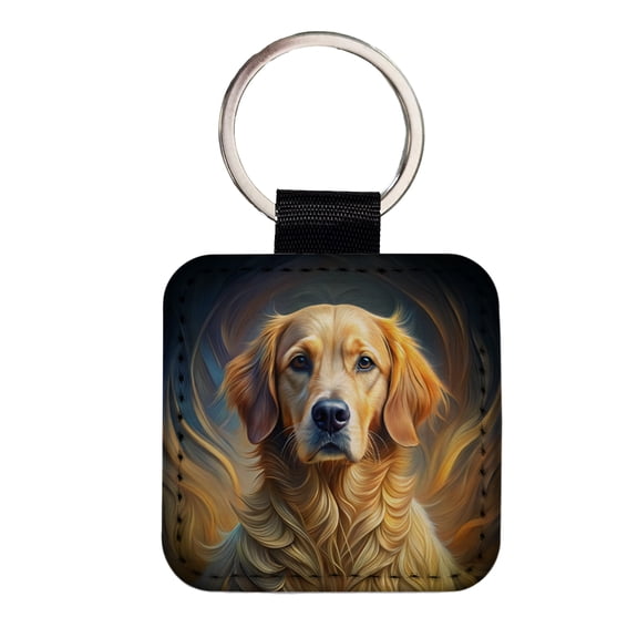 Golden Retriever Dog Abstract Stylized Art Faux Leather Square Keychain