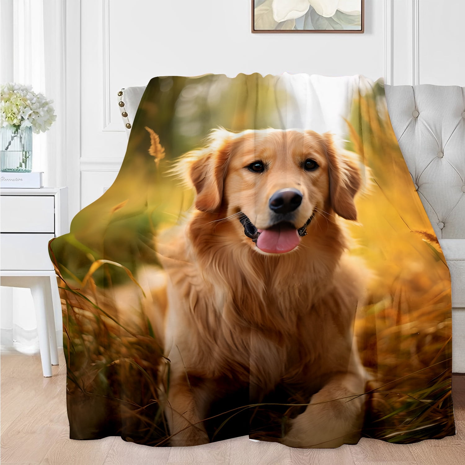 Golden Retriever Dog Blanket - Ultra-Soft 100% Polyester Flannel, 200-250gsm All-Season Cozy Throw for Sofa, Camping & Home Decor - Contemporary Digital Print Pet Lover Gift