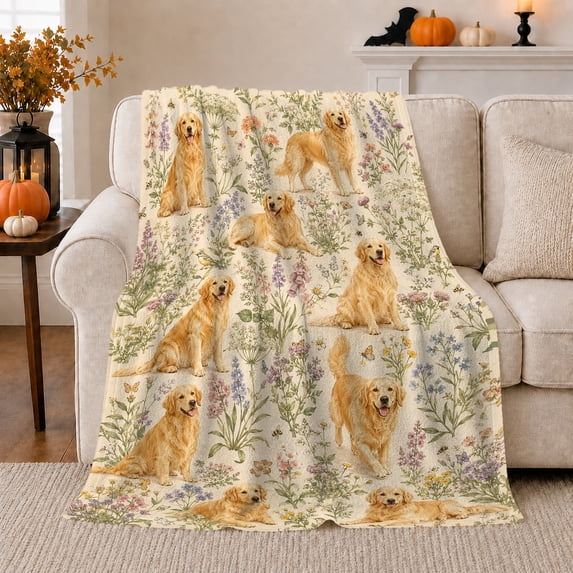 Golden Retriever Dog Garden Scene Cheerful Naturalistic, Playful Pet Portrait Pattern, Warm Flannel Blanket for Living Room and Bedroom, Dog Lovers Just Because Gift, Pet Lover Home Decor