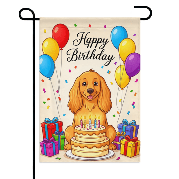 Golden Retriever Dog Happy Birthday Garden Flag 12×18in Double Sided Cute Dog With Cake & Balloons Fade Resistant Decor For Outdoor Lawn Patio Porch
