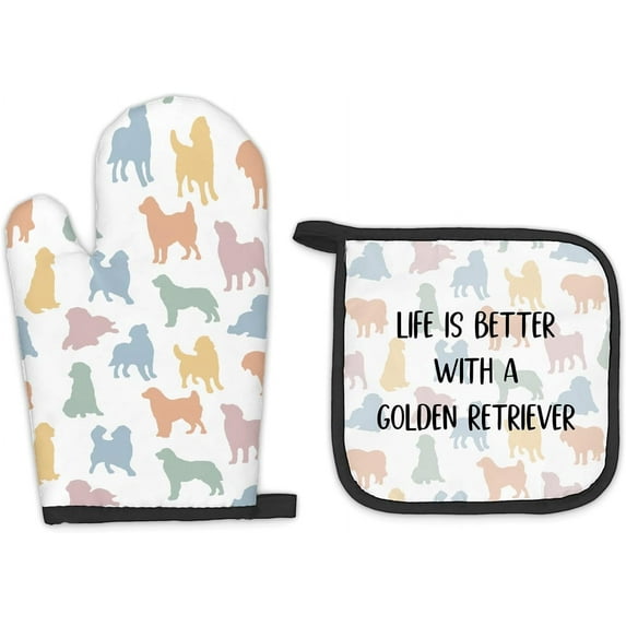 Golden Retriever Dog Oven Mitts and Pot Holders Sets, Golden Retriever Gifts Kitchen Accessories Sets, Colorful Golden Retriever Heat Resistant Oven Glove Potholders for Kitchen Baking