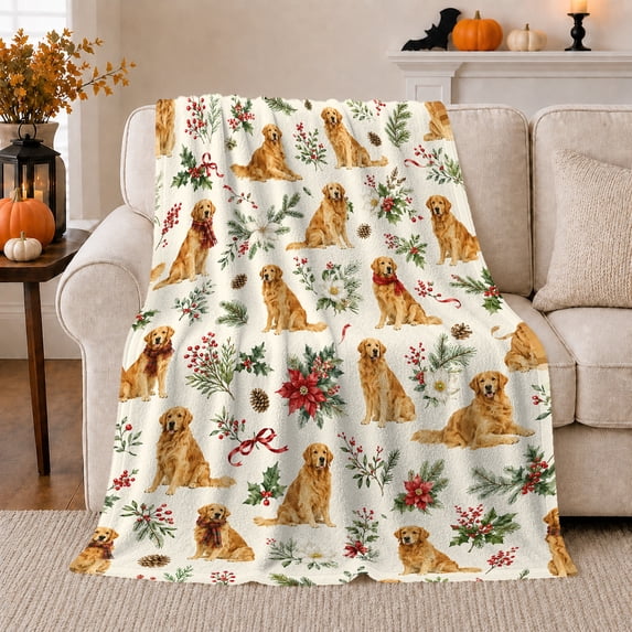 Golden Retriever Dog Pattern Holiday Poinsettias, Playful Pet Portrait Pattern, Warm Flannel Blanket for Living Room and Reading Nook, Dog Lovers Friendship Gift, Pet Lover Home Decor