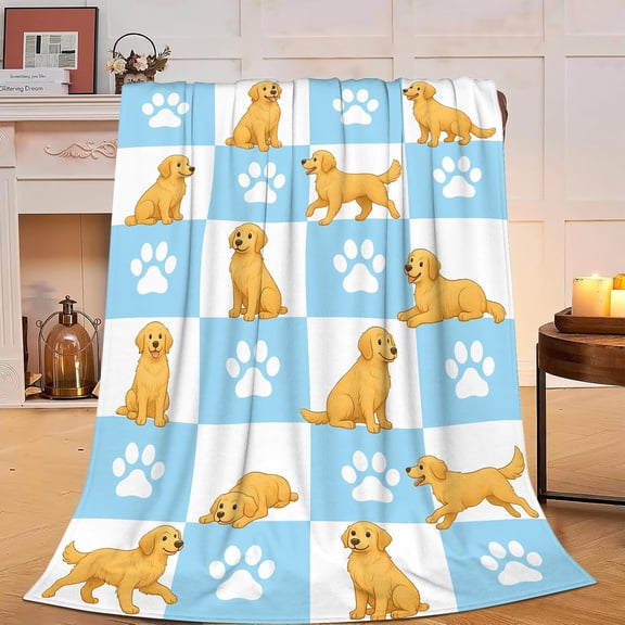 Golden Retriever Dog Paw Print Blue Checkered Throw Blanket