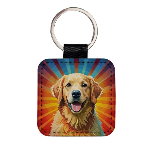 Golden Retriever Dog Pop Art Faux Leather Square Keychain