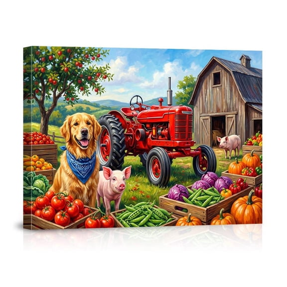 Golden Retriever Dog Red Tractor Farmhouse Wall Art Rustic Barn Country Farm Scene Art Pig Pumpkin Harvest Prints Kitchen Decor, Unframed Paper Print